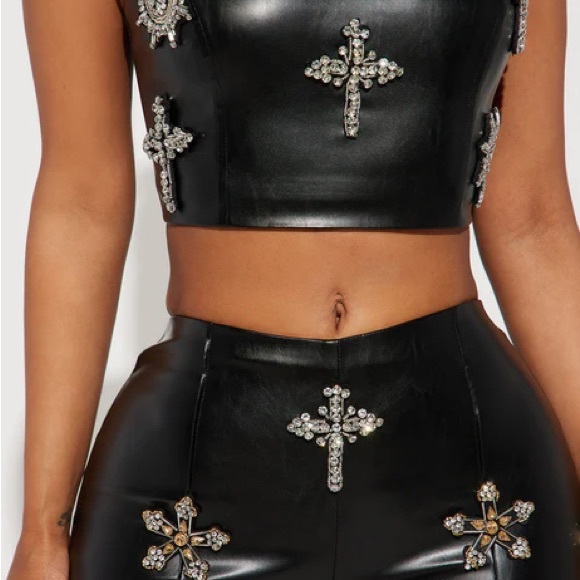 Fashion Nova Black Faux Leather Embellished Flare Pants - Picture 2 of 5